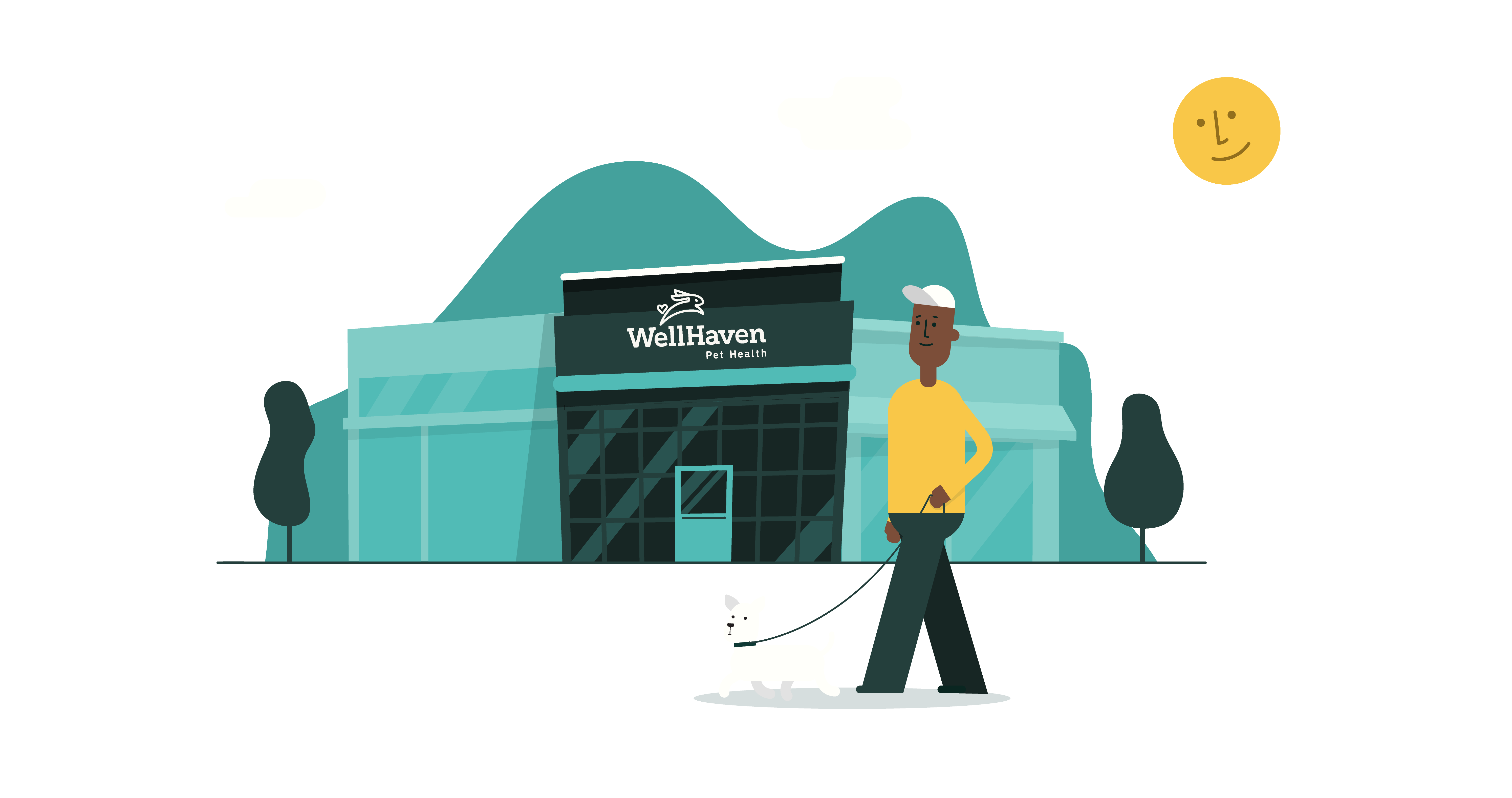 Graphic of a man walking a dog in front of Wellhaven Pet Health Colorado Blvd.